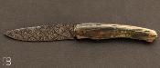 Couteau " 1820 Berthier Front-flipper " par Tim Bernard -Ivoire de mammouth et lame damas mosaïque