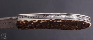 Couteau " Rusty " piémontais de poche de Sylvain Petit - Les Couteaux du Mitou - Bois de cerf et damas