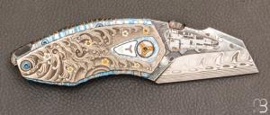 Couteau  " Tank Koï " Hakkapella damascus, titane et météorite par Messori Knives