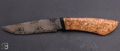     Couteau droit par Nicolas Mestrallet - Atelier du couteau de Vaunaveys - Lame forgée acier damas mosaïque et loupe d'amboine