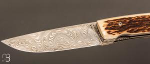  Couteau " liner lock " custom par Joël Grandjean - Bois de cerf et lame en damas