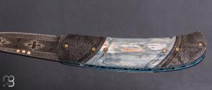    Couteau " liner-lock  " custom par Tony Karlsson - Ivoire de mammouth et lame damas mosaïque