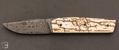  Couteau  "  Mastard " custom par Christophe Arbogast - Ivoire de mammouth et lame damas de F.Keller