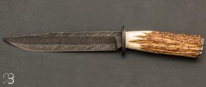    Couteau droit de collection bois de cerf et damas de Philippe Ricard