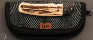 Couteau  "  custom " liner-lock par Diogo Wojakevicz - Bois de cerf et lame damas mosaïque