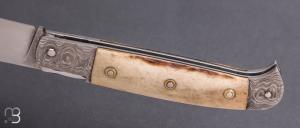 Couteau " Rumilly " custom par David Brenière - Bois de cerf / Damas et 90MCV8