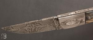    Couteau "Titan" de Stéphane Robin - Le Cellois - Os de Mégalocéros et lame damas mosaïque