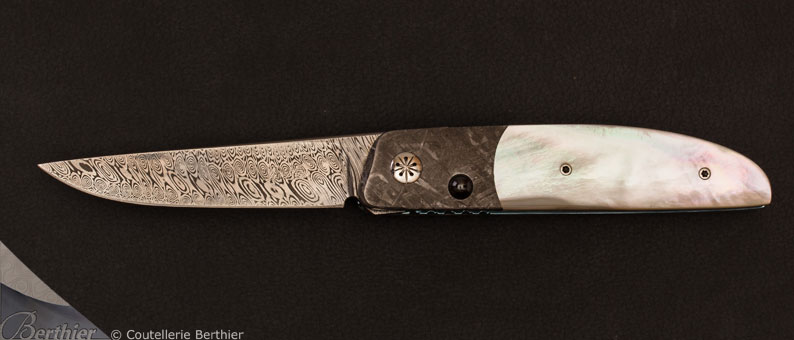 Damasteel and mother of pearl Ball Release folding knife