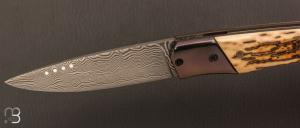   Couteau " 1820 " liner lock de SMZ Flammes de forge - Ivoire de mammouth et lame damas
