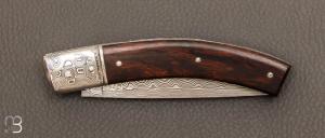 Couteau  "  Cran plat " custom damas et bois de fer d'Arizona par Claude Giraud