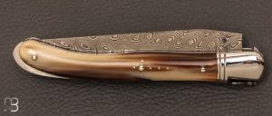 Couteau " Laguiole Nature " lame damas et pointe de corne blonde par Fontenille - Pataud