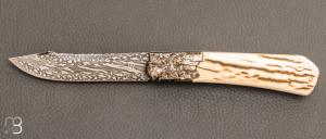     Folding "Lock-Back" custom knife by Pierre REVERDY - Poetic damascus / mammoth and silver 