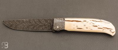    Couteau " Lock back " custom par Karim Valentin - Les couteaux D'Hure - Ivoire de mammouth et lame en damas plume