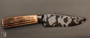  Couteau Semi intégral custom fixe de Israel Nascher  - Bois de cerf et damas