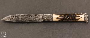  Couteau " Issoire 2 pièces " custom par David Breniere - Bois de cerf sambar et lame damas feuilleté
