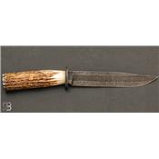 Couteau droit de collection bois de cerf et damas de Philippe Ricard