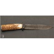    Couteau droit de collection bois de cerf et damas de Philippe Ricard