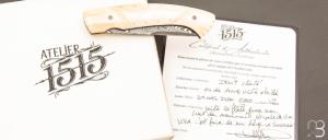   Couteau " 1515 Inuit " de poche par Manu Laplace - Os de renne et Damas