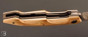 Couteau " Liner-Lock " custom par Romain Lopez - Ivoire de mammouth et lame en Damasteel®