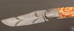   Couteau " Slipjoint " custom par Karim Valentin - Fourche de peuplier stabilisé et damas plume