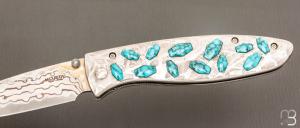  Couteau  " CFLE 18 " par Mcusta - Turquoise et Rainbow damas - Pièce Unique