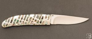    Couteau " Linerlock " custom par Koji Hara - Abalone et lame en Cowry-Y