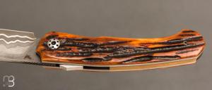     Couteau " Merops S-Lock "  par Olivier Lamy - Skua Coutellerie - Os cerfé / Damas maison