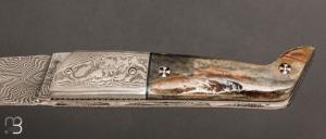    Couteau "Titan" de Stéphane Robin - Le Cellois - Os de Mégalocéros et lame damas mosaïque
