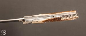 Couteau "  Vintage " pliant Bargeon 3 pièces bois de cerf à pompe centrale