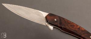 Couteau "  Flipper Liner lock " custom en loupe de bois de fer d'Arizona et damas suminagashi SGPS par Vincent Saja