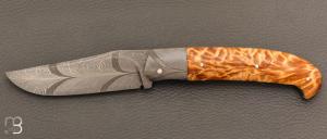   Couteau " Slipjoint " custom par Karim Valentin - Fourche de peuplier stabilisé et damas plume
