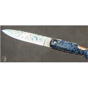 Couteau de poche Milan 12 cm Loupe de tilleul bleue et damas par J. Mongin
