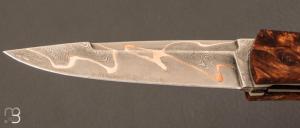 Couteau  "  custom " loupe d'Amboine stabilisée et damas San-Maï Carbone Cuivre par Alain & Joris Chomilier