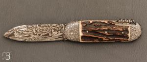  Couteau " Bouledogue 2 pièces " Damas de et bois de cerf Jean Pierre Veysseyre