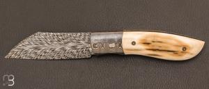  Couteau " Wharncliffe  " custom pliant par Milan Mozolic - Ivoire de mammouth et damas plume
