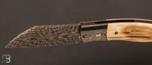  Couteau " Wharncliffe  " custom pliant par Milan Mozolic - Ivoire de mammouth et damas plume
