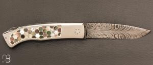 Couteau " custom " lock back par Christian Penot - Mosaïque nacre et lame damas plume