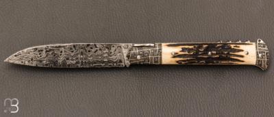  Couteau " Issoire 2 pièces " custom par David Breniere - Bois de cerf sambar et lame damas feuilleté