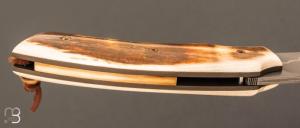 Couteau  "  1310 " liner lock de SMZ Flammes de forge - Croûte d'ivoire de mammouth et lame damas sandwich