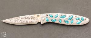  Couteau  " CFLE 18 " par Mcusta - Turquoise et Rainbow damas - Pièce Unique