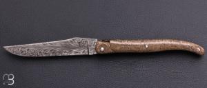   Couteau " Laguiole 12cm " custom par Rozelier Fabien- Ty Coutelier - Os de dinosaure et damas plume