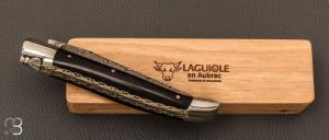  Couteau Laguiole en Aubrac 12 cm double platines laiton manche ébène et lame damas