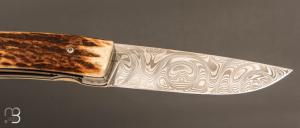  Couteau " liner lock " custom par Joël Grandjean - Bois de cerf et lame en damas