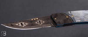    Couteau " liner-lock  " custom par Tony Karlsson - Ivoire de mammouth et lame damas mosaïque