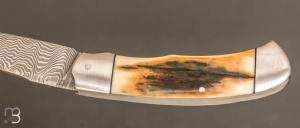  Couteau  " slipjoint " custom de SMZ Flammes de forge - Ivoire de mammouth et damas