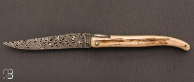 Couteau Laguiole en Aubrac modèle Origine Tour Eiffel N°61 - Croûte d'ivoire de mammouth et Damas Balbach