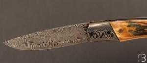 Couteau " 1820 " liner lock de SMZ Flammes de forge - Ivoire de mammouth et lame damas