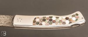 Couteau " custom " lock back par Christian Penot - Mosaïque nacre et lame damas plume