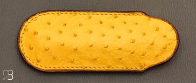 Etui cuir d'autruche / veau pour couteau pliant fait main par Chantal Trocmé - Citron