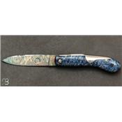 Couteau de poche Milan 12 cm Loupe de tilleul bleue et damas par J. Mongin